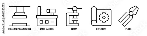 Safety boot, Walkie talkie, Gears, Caliper, Winch editable stroke outline icons set isolated on white background flat vector illustration.