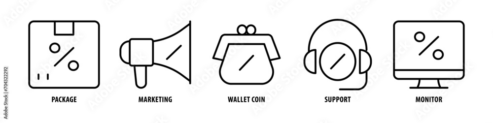 Monitor, Support, Wallet coin, Marketing, Package editable stroke outline icons set isolated on white background flat vector illustration.