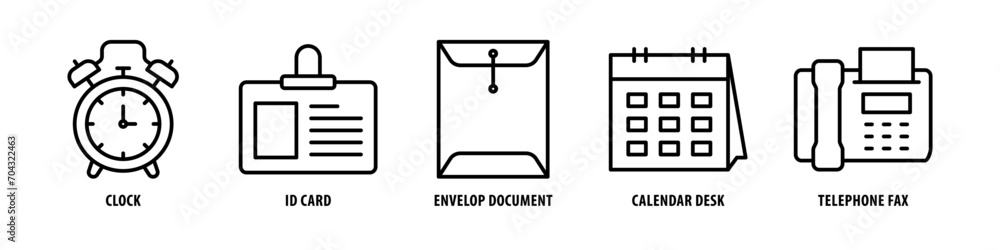 Telephone, Fax, Calendar, Desk, Envelop document, ID Card, Clock editable stroke outline icons set isolated on white background flat vector illustration. Telephone, Fax, Calendar, Desk, Envelop document, ID Card, Clock editable stroke outline icons set isolated on white background flat vector illustration.