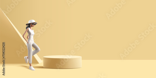 Young woman 3d illustration wearing hat and sunglasses, glamour posing with podium for product placement