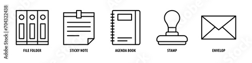 Envelop, Stamp, Agenda book, Sticky note, File folder editable stroke outline icons set isolated on white background flat vector illustration.