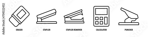 Puncher, Calculator, Stapler remover, Stapler, Eraser editable stroke outline icons set isolated on white background flat vector illustration.