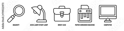 Computer, Paper shredder machine, Briefcase, Desk lamp/study lamp, Magnify editable stroke outline icons set isolated on white background flat vector illustration.