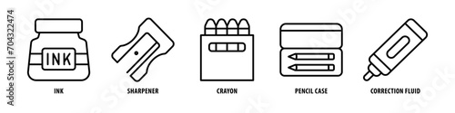 Correction fluid, Pencil case, Crayon, Sharpener, Ink editable stroke outline icons set isolated on white background flat vector illustration.