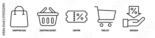 Bargain, Trolley, Coupon, Shopping Basket, Shopping Bag editable stroke outline icons set isolated on white background flat vector illustration.