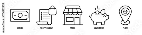 Place, Save Money, Store, Shopping List, Money editable stroke outline icons set isolated on white background flat vector illustration. photo