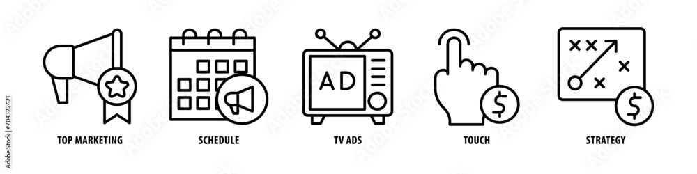 Strategy, Touch, TV ads, Schedule, Top Marketing editable stroke outline icons set isolated on white background flat vector illustration.