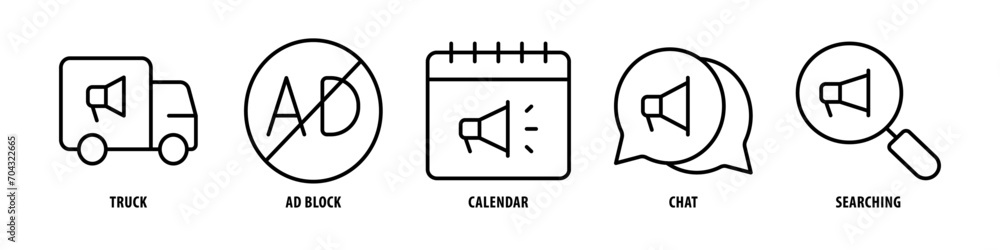 Searching, Chat, Calendar, Ad Block, Truck editable stroke outline icons set isolated on white background flat vector illustration. Searching, Chat, Calendar, Ad Block, Truck editable stroke outline icons set isolated on white background flat vector illustration.
