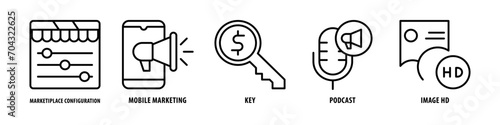 Image HD, Podcast, Key, Mobile marketing, Marketplace configuration editable stroke outline icons set isolated on white background flat vector illustration.