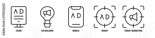 Target marketing, Target, Mobile, Air Balloon, Stand editable stroke outline icons set isolated on white background flat vector illustration.