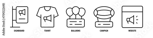Website, Campaign, Balloons, T-shirt, Signboard editable stroke outline icons set isolated on white background flat vector illustration.