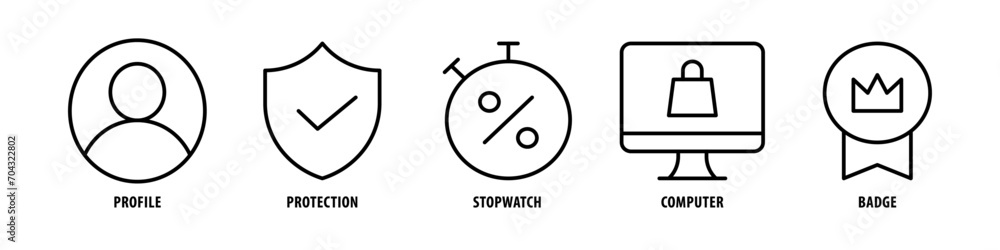 Badge, Computer, Stopwatch, Protection, Profile editable stroke outline icons set isolated on white background flat vector illustration.