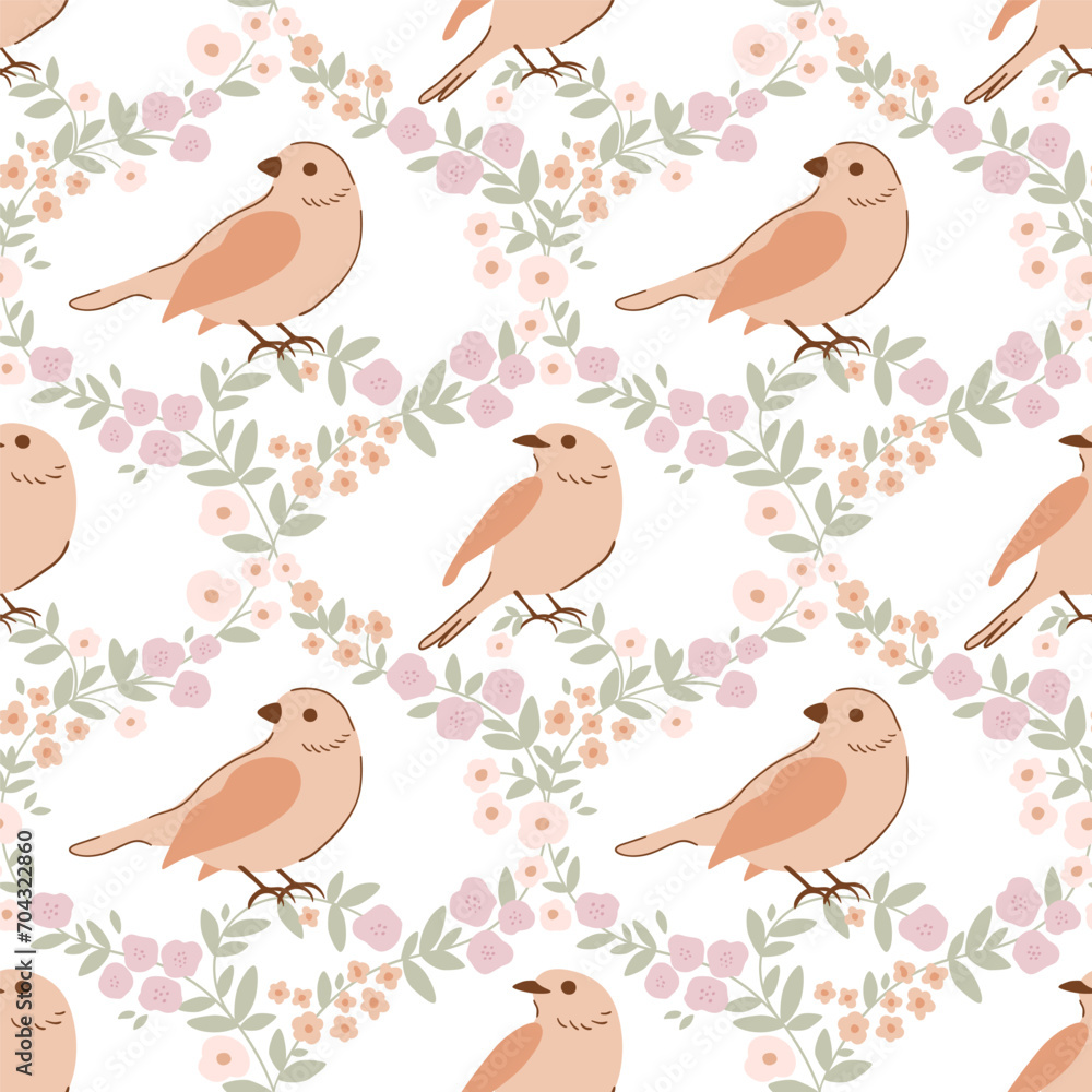 Beige birds seamless pattern with woodland sparrow and flowers. Spring floral damask vector ornament