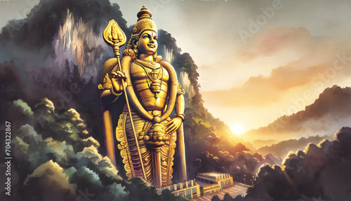 Gold statue of lord muragan at sunset watercolor illustration.