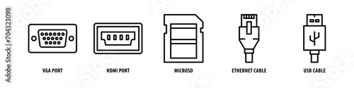 USB Cable, Ethernet Cable, MicroSD, HDMI Port, VGA Port editable stroke outline icons set isolated on white background flat vector illustration.