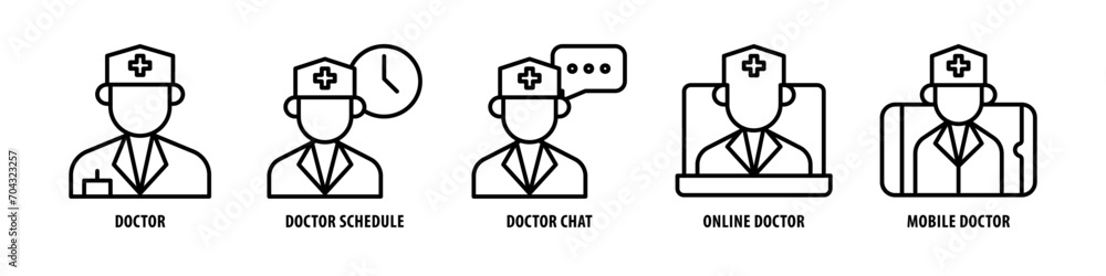 Mobile Doctor, Online Doctor, Doctor Chat, Doctor Schedule, Doctor editable stroke outline icons set isolated on white background flat vector illustration.