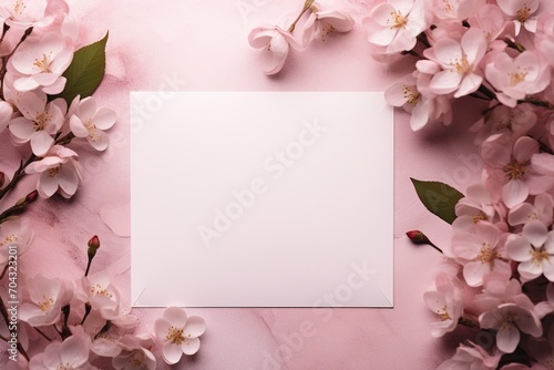 Invitation card with flower decoration, flatlay - generative ai