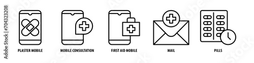 Pills, Mail, First aid, Mobile, Mobile consultation, Plaster, Mobile editable stroke outline icons set isolated on white background flat vector illustration.