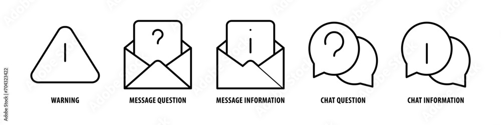 Chat Information, Chat Question, Message Information, Message question, Warning editable stroke outline icons set isolated on white background flat vector illustration. Chat Information, Chat Question, Message Information, Message question, Warning editable stroke outline icons set isolated on white background flat vector illustration.