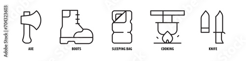 Knife, Cooking, Sleeping Bag, Boots, Axe editable stroke outline icons set isolated on white background flat vector illustration.