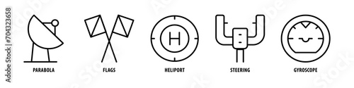 Gyroscope, Steering, Heliport, Flags, Parabola editable stroke outline icons set isolated on white background flat vector illustration.