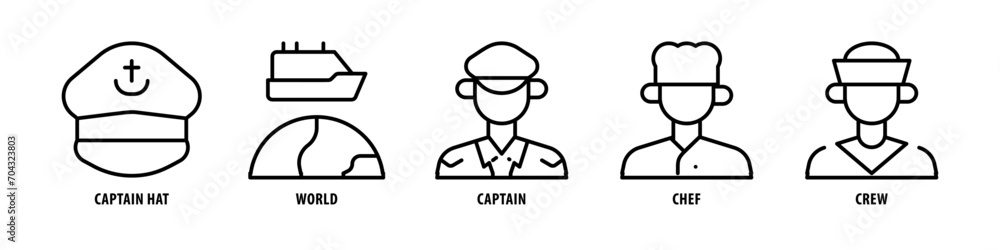 Crew, Chef, Captain, World, Captain Hat editable stroke outline icons set isolated on white background flat vector illustration.