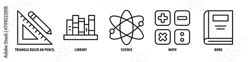 Book, Math, Science, library, Triangle ruler and pencil editable stroke outline icons set isolated on white background flat vector illustration.