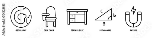 Physics, Pythagoras, Teacher Desk, Desk Chair, Geography editable stroke outline icons set isolated on white background flat vector illustration. photo