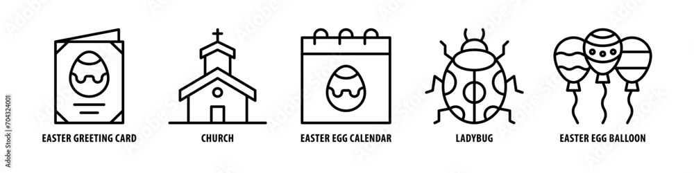 Easter Egg Balloon, Ladybug, Easter Egg Calendar, Church, Easter Greeting Card editable stroke outline icons set isolated on white background flat vector illustration.