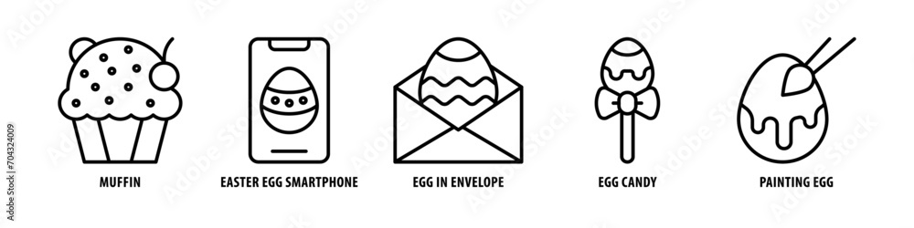 Painting Egg, Egg Candy, Egg in Envelope, Easter Egg Smartphone, Muffin editable stroke outline icons set isolated on white background flat vector illustration. Painting Egg, Egg Candy, Egg in Envelope, Easter Egg Smartphone, Muffin editable stroke outline icons set isolated on white background flat vector illustration.