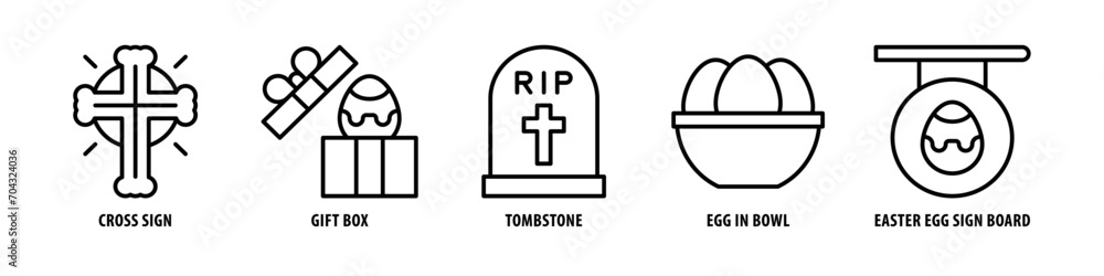 Easter Egg Sign Board, Egg in Bowl, Tombstone, Gift Box, Cross Sign editable stroke outline icons set isolated on white background flat vector illustration. Easter Egg Sign Board, Egg in Bowl, Tombstone, Gift Box, Cross Sign editable stroke outline icons set isolated on white background flat vector illustration.