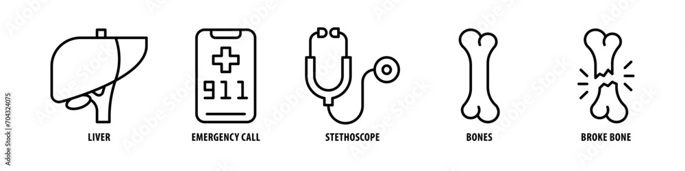 Broke Bone, Bones, Stethoscope, Emergency Call, Liver editable stroke outline icons set isolated on white background flat vector illustration.