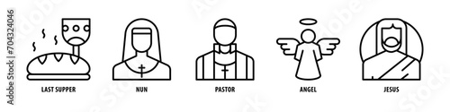 Jesus, Angel, Pastor, Nun, Last Supper editable stroke outline icons set isolated on white background flat vector illustration.