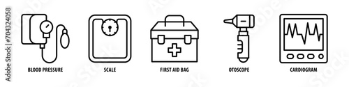 Cardiogram, Otoscope, First Aid Bag, Scale, Blood Pressure editable stroke outline icons set isolated on white background flat vector illustration.