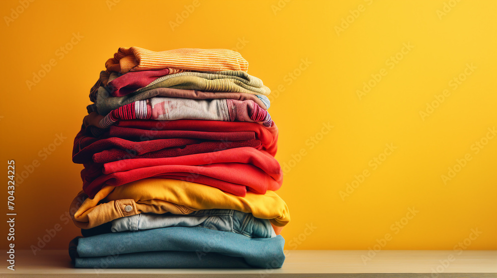 Vibrant Fashion Showcase: Colorful Clothes Piled on Table – Trendy Apparel and Textiles for a Stylish Wardrobe Display Vibrant Fashion Showcase: Colorful Clothes Piled on Table – Trendy Apparel and Textiles for a Stylish Wardrobe Display