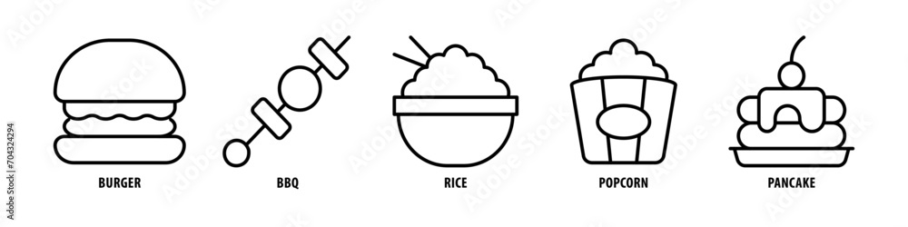 Pancake, Popcorn, Rice, BBQ, Burger editable stroke outline icons set isolated on white background flat vector illustration. - obrazy, fototapety, plakaty 