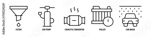 Car Wash, Pulley, Catalytic converter, Air Pump, Filter editable stroke outline icons set isolated on white background flat vector illustration.