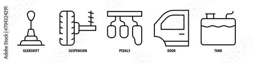 Tank, Door, Pedals, Suspension, Gearshift editable stroke outline icons set isolated on white background flat vector illustration.