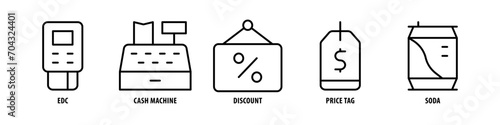 Soda, Price tag, Discount, Cash machine, EDC editable stroke outline icons set isolated on white background flat vector illustration.