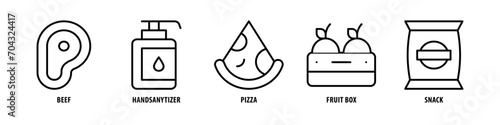 Snack, Fruit Box, Pizza, Hand sanitizer, Beef editable stroke outline icons set isolated on white background flat vector illustration.