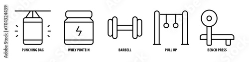 Bench press, Pull Up, Barbell, Whey Protein, Punching Bag editable stroke outline icons set isolated on white background flat vector illustration.