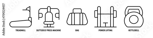 Kettlebell, Power Lifting, Bag, Butterfly Press Machine, Treadmill editable stroke outline icons set isolated on white background flat vector illustration.