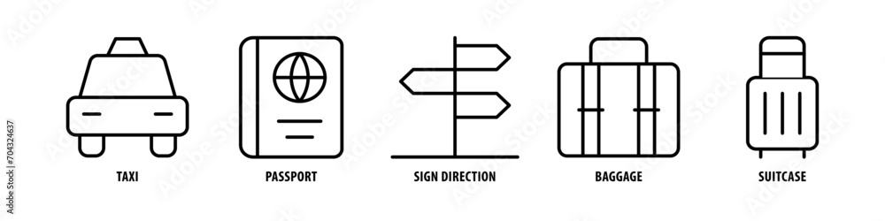 Suitcase, Baggage, Sign Direction, Passport, Taxi editable stroke outline icons set isolated on white background flat vector illustration. Suitcase, Baggage, Sign Direction, Passport, Taxi editable stroke outline icons set isolated on white background flat vector illustration.