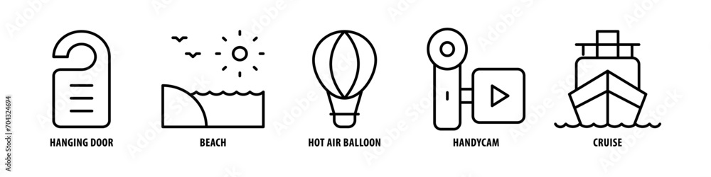 Cruise, Handycam, Hot Air Balloon, Beach, Hanging Door editable stroke outline icons set isolated on white background flat vector illustration. Cruise, Handycam, Hot Air Balloon, Beach, Hanging Door editable stroke outline icons set isolated on white background flat vector illustration.