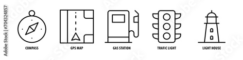 Light House, Traffic Light, Gas Station, GPS Map, Compass editable stroke outline icons set isolated on white background flat vector illustration.