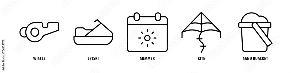 Sand Bucket, Kite, Summer, Jet ski, Whistle editable stroke outline icons set isolated on white background flat vector illustration.