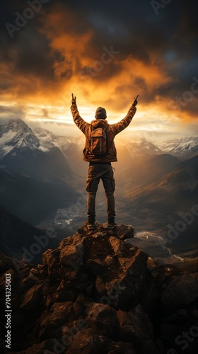 Man celebrating mountain summit achievement