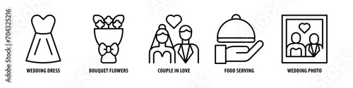 Wedding Photo, Food Serving, Couple in Love, Bouquet flowers, Wedding Dress editable stroke outline icons set isolated on white background flat vector illustration.