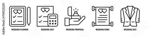 Wedding Suit, Wedding Vows, Wedding Proposal, Wedding Cost, Wedding Planner editable stroke outline icons set isolated on white background flat vector illustration.