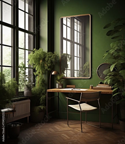 Minimalist home office with large windows and plants photo